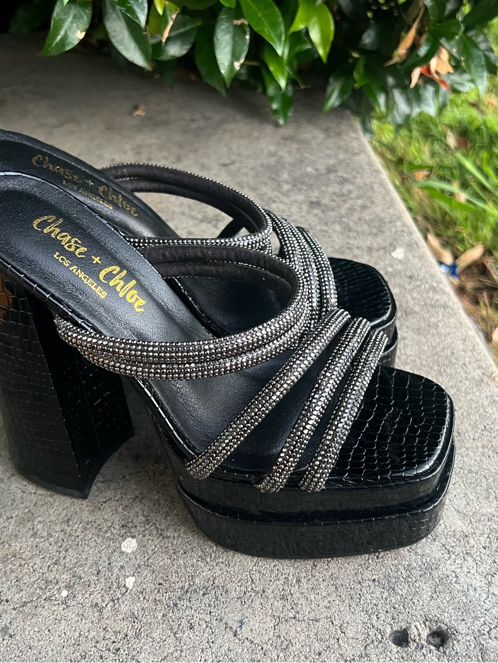 Chase + Chloe Black Platform Heels with Rhinestone Straps
